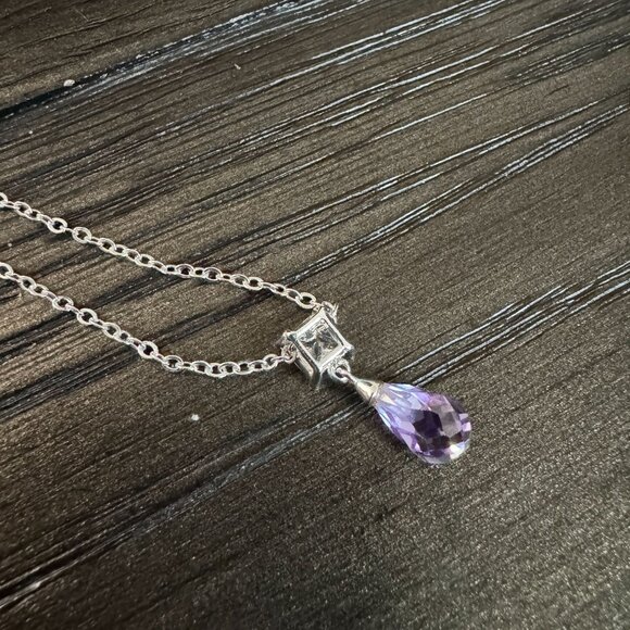 Laila Rowe Silver Tone Necklace W/Purple Teardrop & Clear Crystal Pendant 14" - Picture 10 of 10